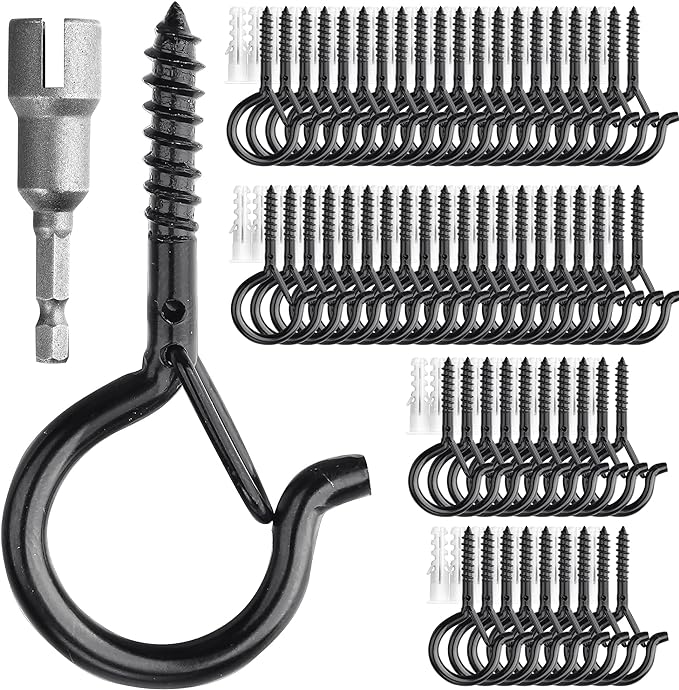 PlusRoc 60 Pack Ceiling Hooks for Hanging Plants Outdoor String Lights Heavy Duty, 2.2 Inch Eye Hook Screw in Cup Hooks Q-Hanger for Patio Lights, Wall Wood Fence Deck Mount(Black)