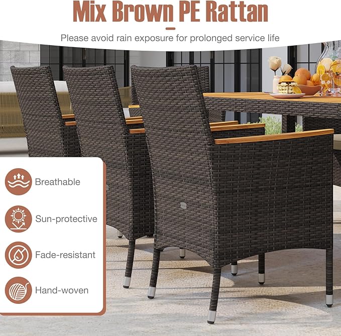 Tangkula 9 Pieces Rattan Outdoor Dining Set for 8, Outdoor Acacia Wood Table Set with 8 Cushioned Wicker Chairs, Umbrella Hole, Patio Dining Furniture Set for Deck Pool Backyard