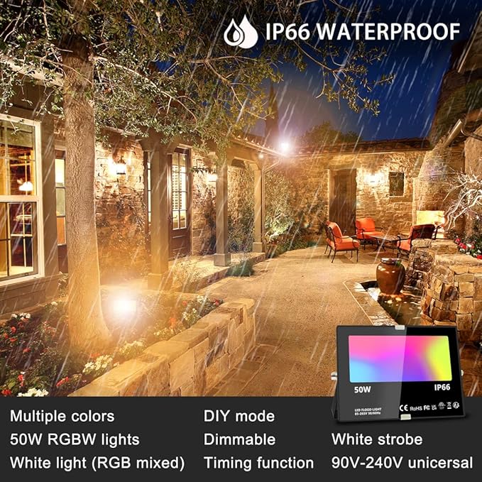 MELPO Led Flood Light 500W Equivalent, RGBW Led Outdoor Lights Colored Floodlight with Remote,50W,5000ML 2700K,120 Colors, Timing, Dimmable, Custom Modes, Landscape Lighting (4 Pack)