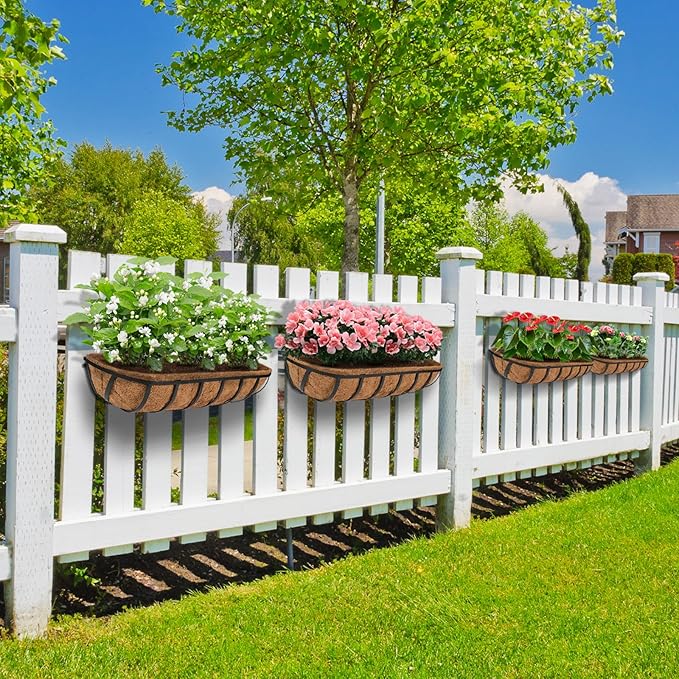 hehimhis Balcony Planters Railing Hanging 24inch 4 Pack Window Planter Box with Adjustable Bracket with Coco Liner for Porch Fence Patio Hanging Planters for Garden Outdoor Boxes