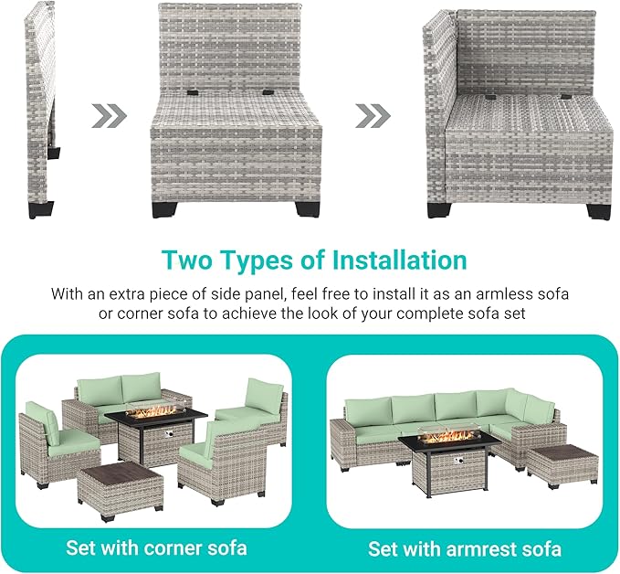 7-Piece Outdoor Patio Furniture Set with 55,000 BTU Fire Pit Table, PE Wicker Rattan Sectional Sofa Patio Conversation Set with Thickened Cushions & Coffee Table, Light Green