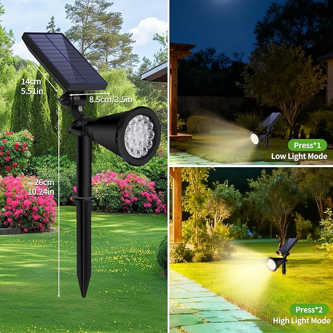 Solar Spot Lights Outdoor Waterproof, 18 LED Solar Powered Landscape Lighting Low Voltage Auto On/Off for Garden, Yard, Tree, Flag, Wall, Pathway, 4 Pack