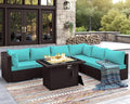 NICESOUL 7 Piece Outdoor Furniture Set with Firepit Natural Gas & Propane, Plus Size Big Modern Patio Conversation Couch, 29.3 High Back Comfy Sectional Sitting Group, Brown Rattan and Teal Cushoin