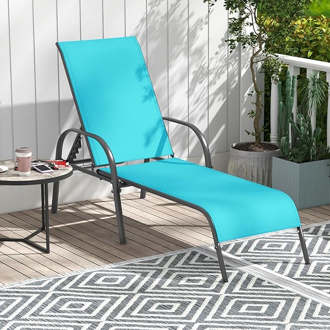 Giantex 2 Pack Patio Lounge Chair, Outdoor Chaise Lounge with 5 Adjustable Backrest, Sturdy Steel Frame, Sunbathing Recliner, Tanning Chair for Beach, Outside, Yard, Balcony, Pool Chairs (2,Turquoise)