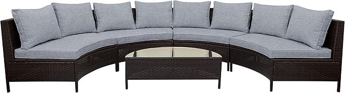 Merax 5-Piece Outdoor Sectional Sofa Set, All-Weather PE Wicker Patio Furniture with Tempered Glass Table, Half-Moon Conversation Set for Garden, Deck, Backyard Living Area,Grey