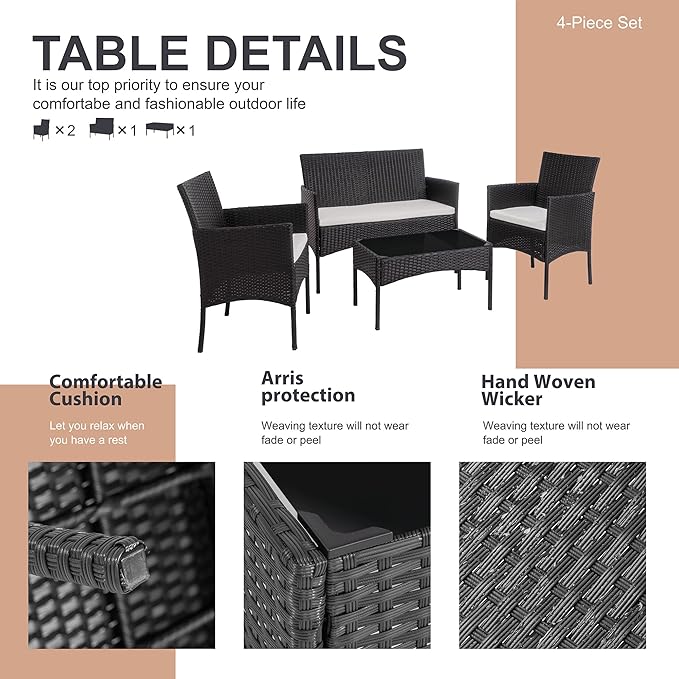Shintenchi 4 Piece Outdoor Patio Furniture Sets, Small Wicker Patio Conversation Furniture Rattan Chair Set with Tempered Glass Coffee Table for Backyard Porch Garden Poolside Balcony,Black