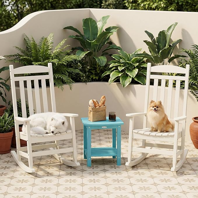 Y&M Outdoor Side Table, HIPS Adirondack Small Double Layer Table, Waterproof Square Outside Table, Balcony End Tables for Patio, Pool, Porch, Deck, Indoor or Outdoor Use, Light Blue