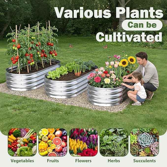 Galvanized Raised Garden Bed Outdoor, 4x2x1ft Metal Heavy Duty Planter Boxes for Gardening, Easy Assemble Small Oval Plant Container Kit for Vegetables, Flowers, Fruits, Silver, 1 Pack