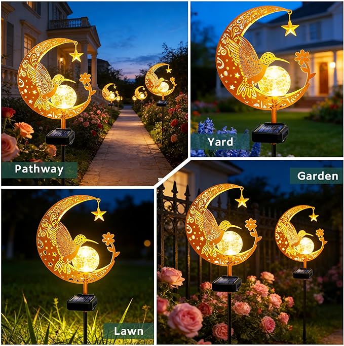 ZNYCYE Solar Lights Outdoor Decorative Moon Hummingbird Solar Stake Lights Birthday Gifts for Women mom Grandma,Hummingbird Garden Decor Waterproof for Walkway, Yard, Lawn, Patio (Warm White)