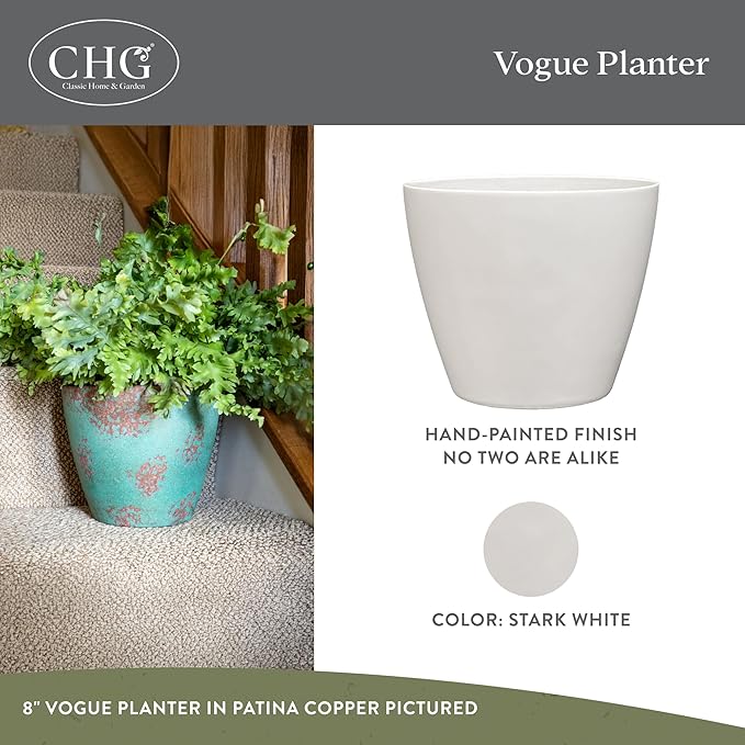 Classic Home and Garden Vogue Planter Pots w/Pottery Quality Finish - Modern Indoor & Outdoor Flower Pots - UV-Resistant Porch Planters - Decorative Pot for Flowers & Herbs (8” Stark White)