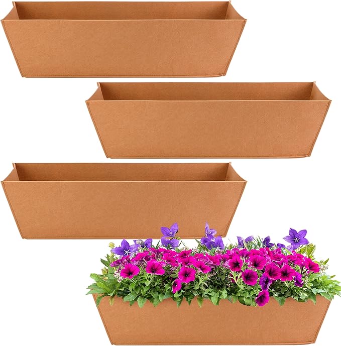 Adnee 4 Pcs 24 Inch Fabric Plant Window Box Liners-Rectangular Non-Woven Planter Basket Liner-Brown Felt Flower Hanging Basket for Outdoor Garden Wall Hanging Planter Flower Vegetables