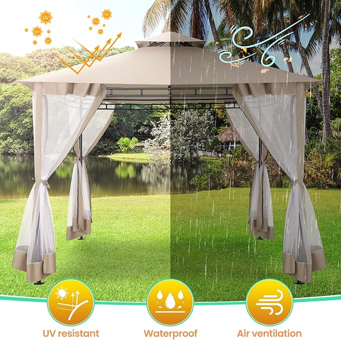 COBIZI Gazebo 10x10 Heavy Duty Gazebos with Improved Nettings Outdoor Gazebo Double Roof Patio Gazebos with Metal Steel Frame Outdoor Canopy for Patio, Deck, Backyard (Khaki)