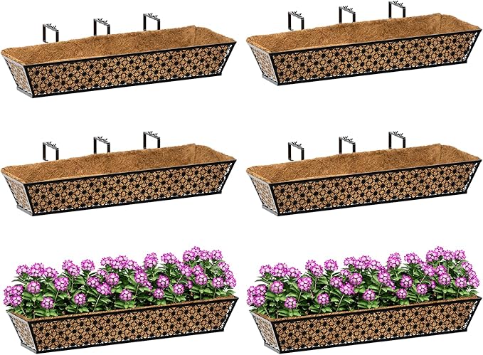 SPECILITE 30" Window Boxes Planters, Heavy Duty Metal Railing Planter Boxes, Adjustable Balcony Planters for Railing Hanging, with Coco Liner & Tool Set for Deck, Porch, and Patio Gardening (6 Pack)