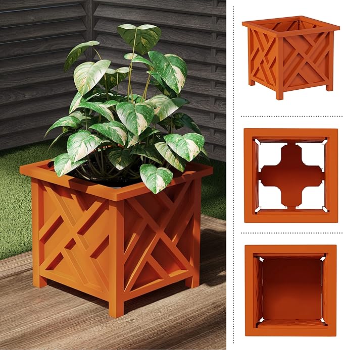 Pure Garden Lattice Design Planter Box 2-Pack – 14.75-Inch Decorative Outdoor Flower or Plant Pots – Front Porch or Patio Decor (Terracotta)