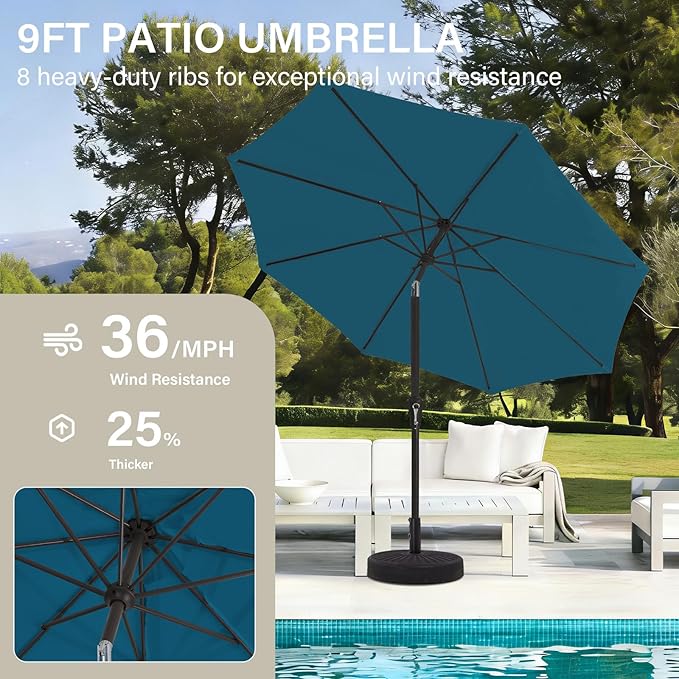 MEWAY 9ft Patio Umbrella Outdoor Table Umbrellas with Push Button Tilt and Crank, Market Umbrella 8 Sturdy Ribs for Deck, Garden, Pool and Backyard, Lake Blue