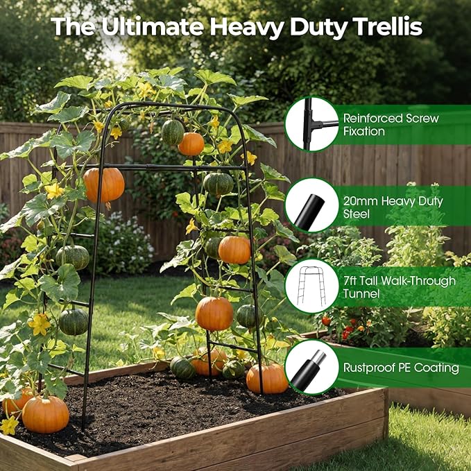Garden Arch Trellis for Climbing Plants, 83" High Metal Cucumber Trellis & Tomato Cage, Rustproof Steel Tunnel Support for Squash, Pumpkin, Vegetables with Screw Fixation (32.3" L x 39.4" W)