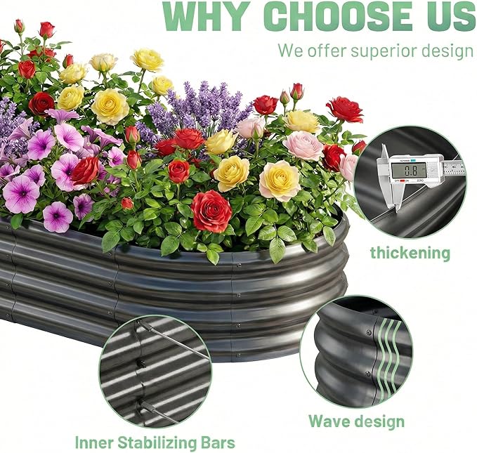 AHEONLAR 3 Pack 6×3×1ft Galvanized Raised Garden Beds, Oval Durable Planter Boxes Outdoor for Vegetables, Fruits, Flowers and Plants, Quick Assembly, Grey