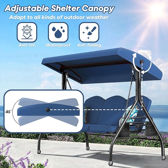3 Seat Outdoor Porch Patio Swing with Stand 800lbs 2-in-1 Convertible Swing Bed with Adjustable Canopy & Removable Cushion for Yard Garden Deck (Blue, Round Tube)