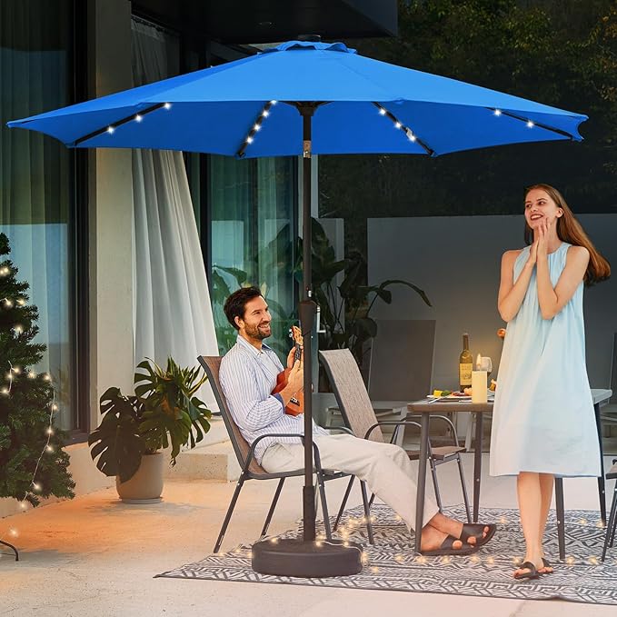 JEAREY 9FT Outdoor Patio Umbrella with Solar Lights, LED Lighted Pool Umbrella with Tilt and Crank, Outdoor Table Umbrellas for Deck, Yard & Market (Royal Blue)