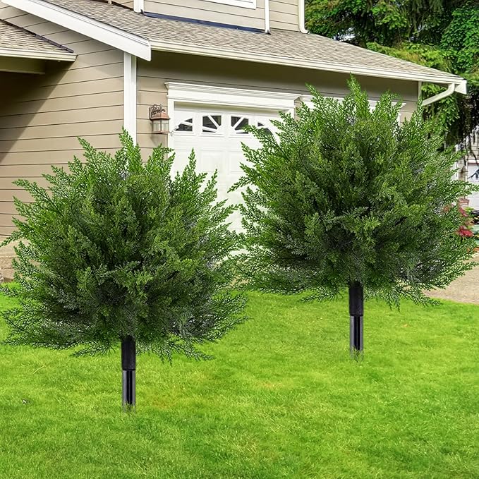 Artificial Topiary Bushes for Outdoors with Spike, Boxwood Ball Fake Shrubs UV Resistant Faux Plants for Indoor Outdoor Fall Thanksgiving Halloween Decor (Cedar Topiary Ball Trees)