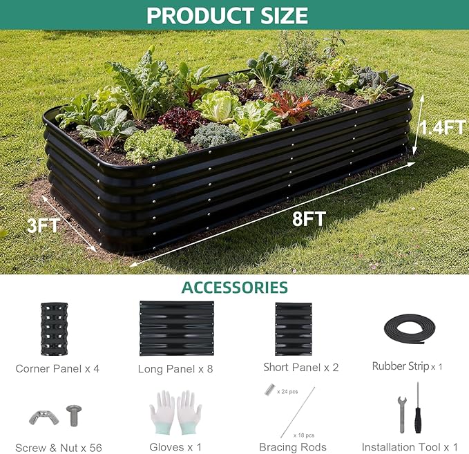 5 in 1Galvanized Raised Garden Bed - 8x3x1.4ft Modular Garden Planter Bed Outdoor | Steel Raised Bed Kit with Bracing Rods, Gloves for Gardening Vegetables Fruits and Flowers (Gray)