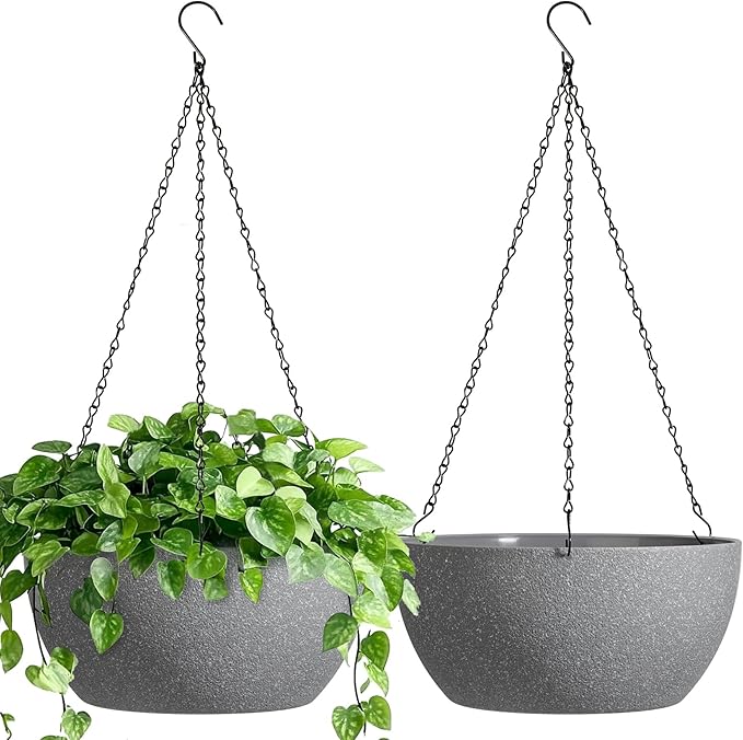 T4U Hanging Planters for Indoor Outdoor Plants 2 Pack - 12 Inch Grey Hanging Plant Basket with Drainage Hole, Round Hanging Flower Plant Pot for Garden Home Decor(Grey)
