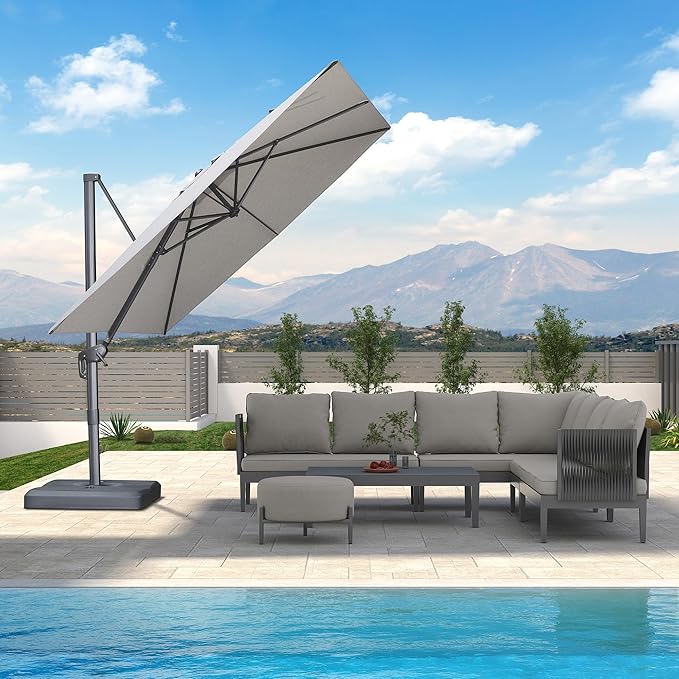 PURPLE LEAF Patio Umbrella 9' X 9' Rectangle Cantilever Umbrella Large Aluminum Outdoor Umbrellas with 360-degree Rotation & UPF40+ Premium Fabric for Deck Pool Garden Yard, Pebble Grey