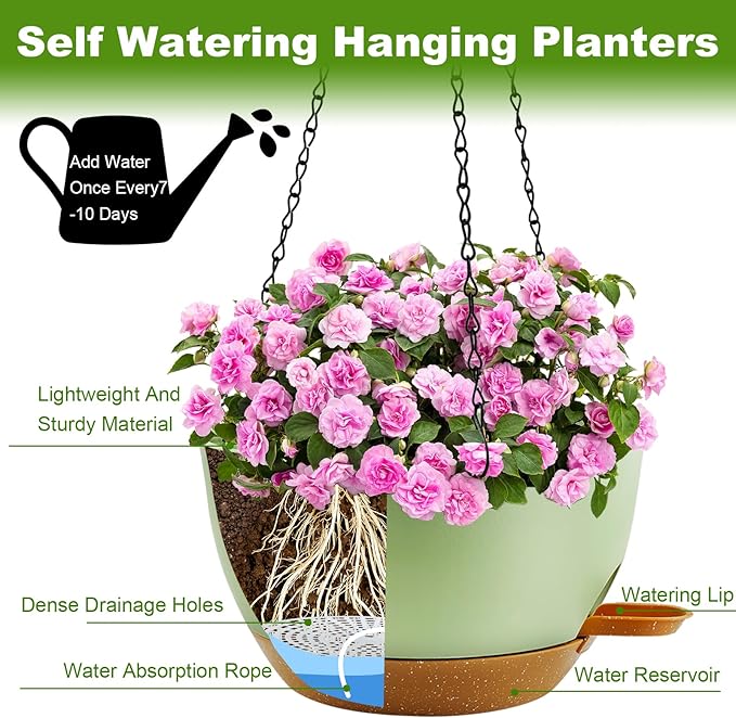 12 inch Hanging Planters for Indoor Plants, 2 Pack Self-Watering Hanging Planter Pots with Chain and Drainage Holes, Outdoor Plastic Hanging Baskets for Garden Home Decor