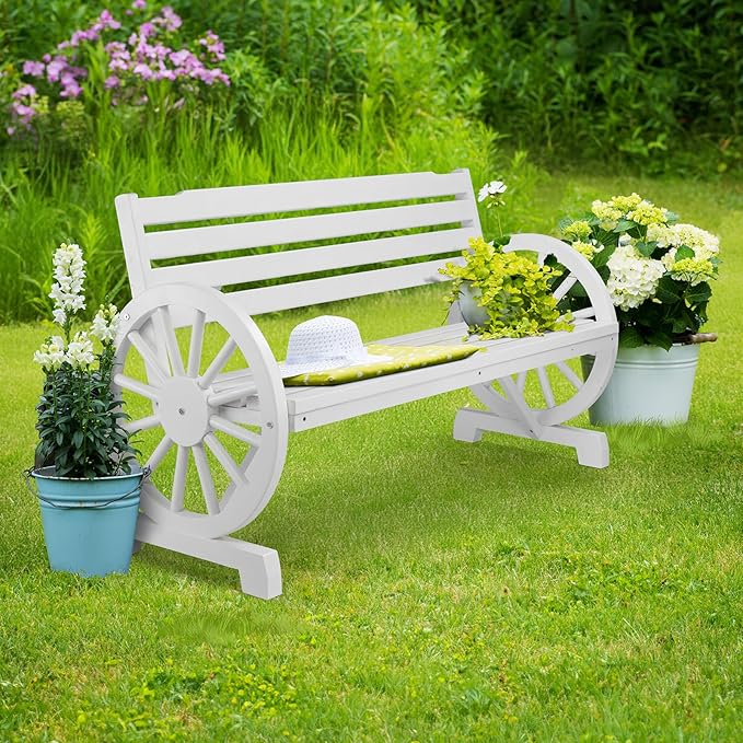 VINGLI Rustic Wooden Wheel Bench Outdoor Bench, Patio Bench Wagon Slatted Seat, Garden Benches for Outdoors 350lbs High Capacity, Weather Resistance (White, 55in)
