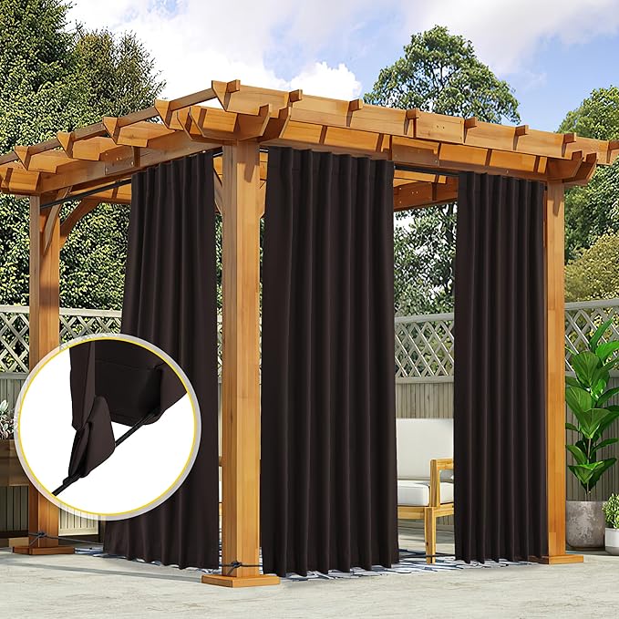 NICETOWN 2 Panels Outdoor Curtains Waterproof Pocket & Back Tab on Top & Bottom, Thermal Insulated Windproof Sun Blocking Outside Privacy Drapes for Patio with Fixed Rope, W52 x L95, Toffee Brown