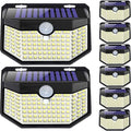 HMCITY 120 LED Outdoor Solar Lights with Motion Sensor and 3 Lighting Modes, IP65 Waterproof Wide Solar Wall Lights Ideal for Garden Patio Yard (Front Button 8Packs, Black Shell-Daylight White)