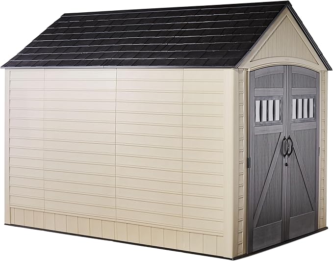 Rubbermaid Resin Outdoor Storage Shed With Floor (7 x 10.5 Ft) Weather Resistant, Brown Gable, Organization for Home/Backyard/Garden Tools/Lawn Mower/Bike Storage/Pool Supplies
