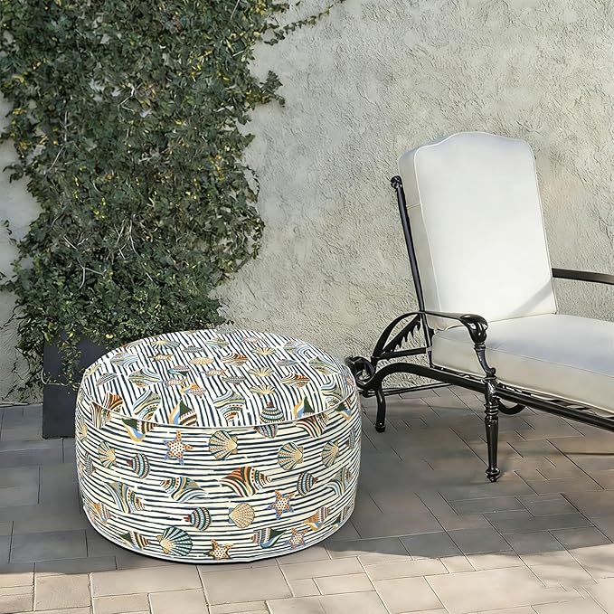 LVTXIII Indoor/Outdoor Extra Large Inflatable Ottoman Pouf D31 x H14 Inch, Round Footstool with Handle, Weather-Resistant Portable Furniture for Patio, Camping, Beach, Cabana Shells