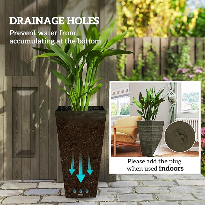 Outsunny Tall Planter for Outdoor Plants Set of 3, 28 Inch Taper Planter with Drainage Holes, Wood Grain Decor Garden Pot for Indoor Outdoor Porch Patio Backyard, Dark Brown