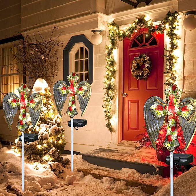 YJFWAL Cardinal Bird&Rose Cross Garden Stake Light, Solar Glass Cross for Cemetery Grave, Easter Cross Angel Wings Sympathy Memorial Gifts, Garden Lawn Yard Patio Decor