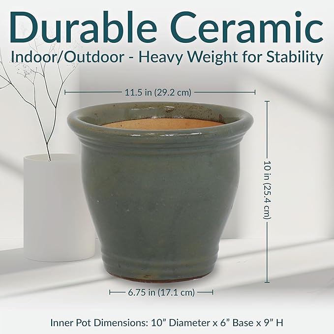 Sunnydaze Round Ceramic Planter - Set of 2 Indoor or Outdoor Plant Pots with Drainage Hole - Studio - 11" - Gray Glaze