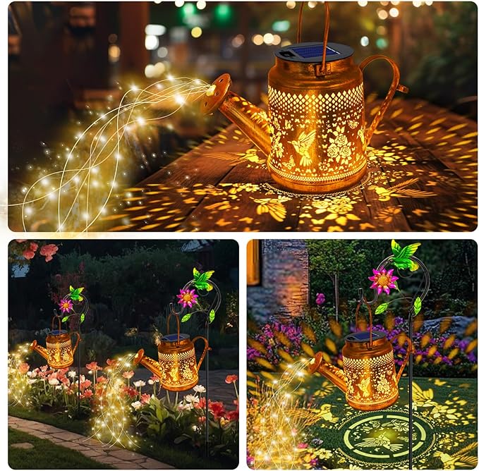 Solar Lanterns Outdoor Waterproof, Hummingbird Watering Can Garden Decor, Hanging Solar Path Lights Yard Art, Outside Patio Decoration Gardening Christmas Gift for Mom Grandma Women with Shepherd Hook