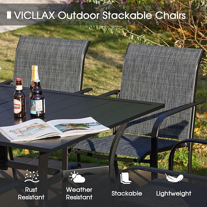 VICLLAX Large Patio Dining Furniture Set, Outdoor Dining Set for 10-60" Round Outdoor Table and Patio Stackable Chairs, Grey Wood-Like Tabletop and Dark Grey Fabric