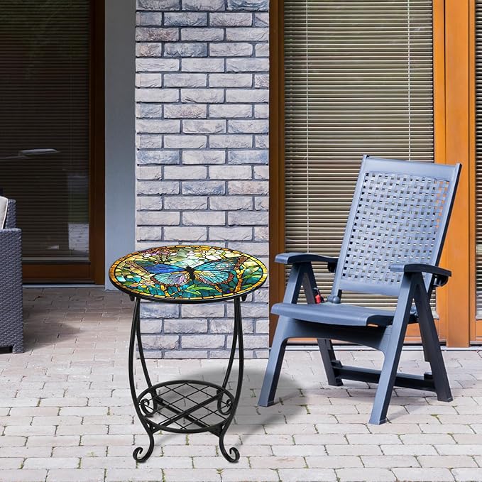 Outdoor Side Table Round Small Mosaic Patio Accent Indoor End Plant Coffee Tea Table for Yard Patio Porch Garden Living Room, Bedroom(Butterfly Style,14 Inch)