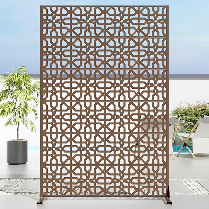 Casaphoria Metal Privacy Screen Outdoor, 72" H x 47" W Freestanding Decorative Privacy Screen for Patio Deck Balcony Garden with Stable Base, Brown-Perilla