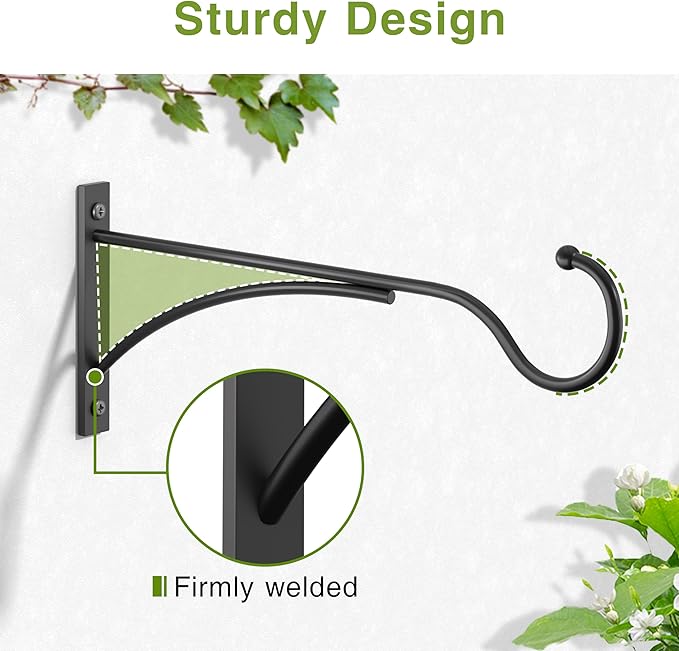 11 Inch 2 Pack Heavy Duty Plant Hangers Outdoor, Metal Plant Brackets for Hanging Baskets, Plant Wall Hooks for Bird Feeders, Wind Chimes & Lanterns, Premium Metal Hooks Matte Black, 30lbs Capacity
