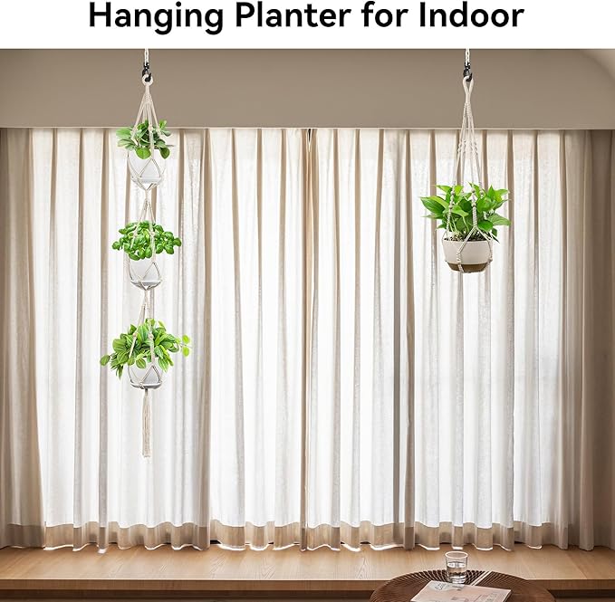 USLAI Macrame Plant Hanger Indoor Outdoor, Fits 4 to 15 Inch Pots, Strong Hanging Planter Holder, Boho Home Decor, 72+35 Inch, Ivory (POTS NOT Included)