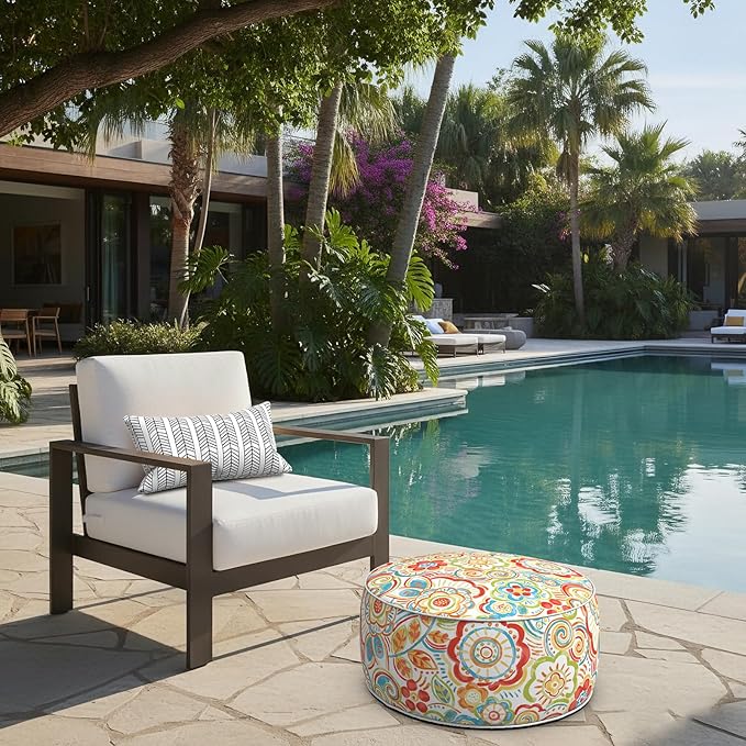 LVTXIII Indoor/Outdoor Inflatable Ottoman with Handle D21 x H9 Inch, Weather-Resistant Round Footstool Pouf for Patio Camping Living Room, Portable Footrest Extra Seating, Flower Multi