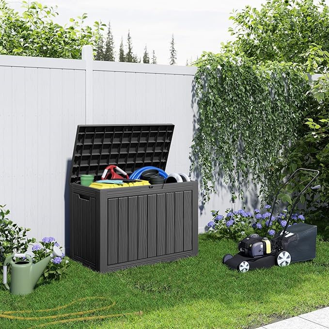 46 Gallon Outdoor Deck Box, Lockable Waterproof Outdoor Storage Boxes For Garden Tools,Indoor Cushions,Accessories Outside Storage Resin Weatherproof Container(Black)