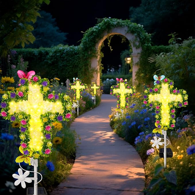2 Pack Solar Flower Cross for Cemetery Grave, Grave Decorations for Cemetery Solar Crosses, Sympathy Memorial Gifts, for Garden Lawn Yard Patio Decor