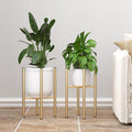 Plant Stand Indoor for 2 Height Options ,Mid Century Modern Outdoor Planter Holder,Corner plant stand Capacity of 160LB for 8 to 14 Inch Pots Golden with Round Plate 2 Pack
