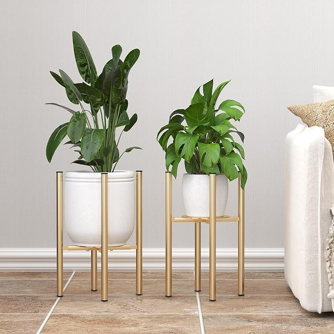Plant Stand Indoor for 2 Height Options ,Mid Century Modern Outdoor Planter Holder,Corner plant stand Capacity of 160LB for 8 to 14 Inch Pots Golden with Round Plate 2 Pack