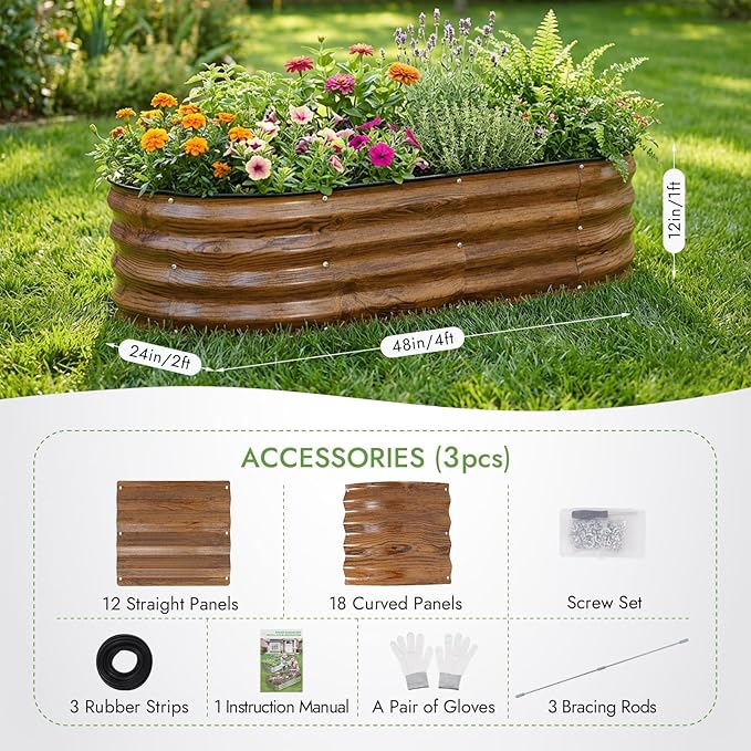 INNO STAGE 3Pcs Galvanized Raised Garden Bed Kit, Outdoor Metal Raised Garden Beds for Vegetables, Rust-Resistant & Easy Assembly, 4x2x1ft Oval Raised beds for Gardening, Flowers, Herbs (CoatedGrain)