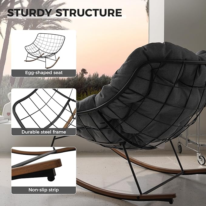 Grand patio Outdoor Rocking Chair, E-Coated Modern Cozy Lounge Rocker Chair with Cushion for Balcony Porch Patio, Gray