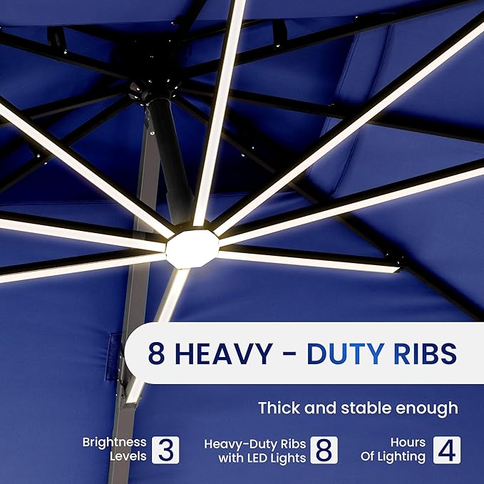 10 X 13 FT Cantilever Patio Umbrella with Led Lights and Base Included Outdoor Heavy Duty Double Top Rectangle Offset Umbrellas with 360-degree Rotation for Pool Deck Backyard, Navy